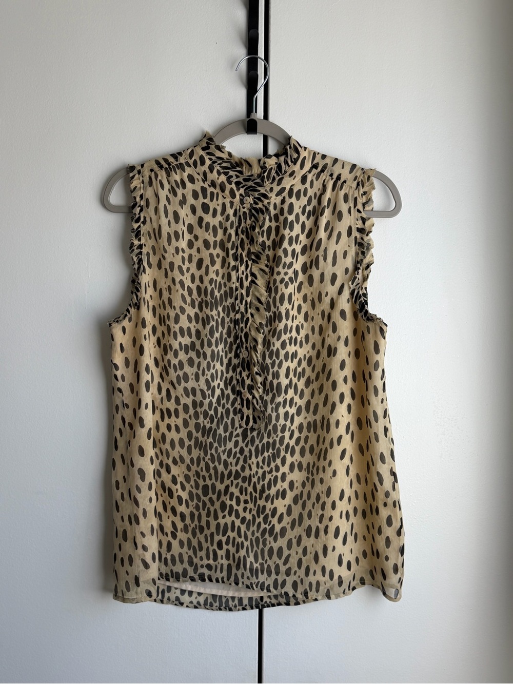 J. Crew Beige Sleeveless Ruffle Tie-Neck Top with Black Spot Print